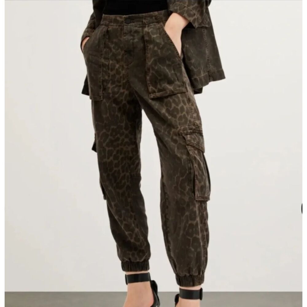 AllSaints Freya Leopard Print Denim Cargo Pants US 10